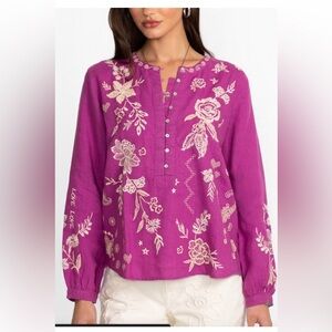 Johnny Was Plum Linen Embroidered Top